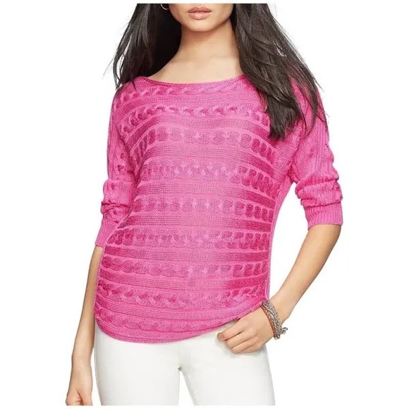 Lauren Ralph Lauren Womens Cable Knit 3/4 Sleeves Pullover Sweater Pink XL - Picture 1 of 9